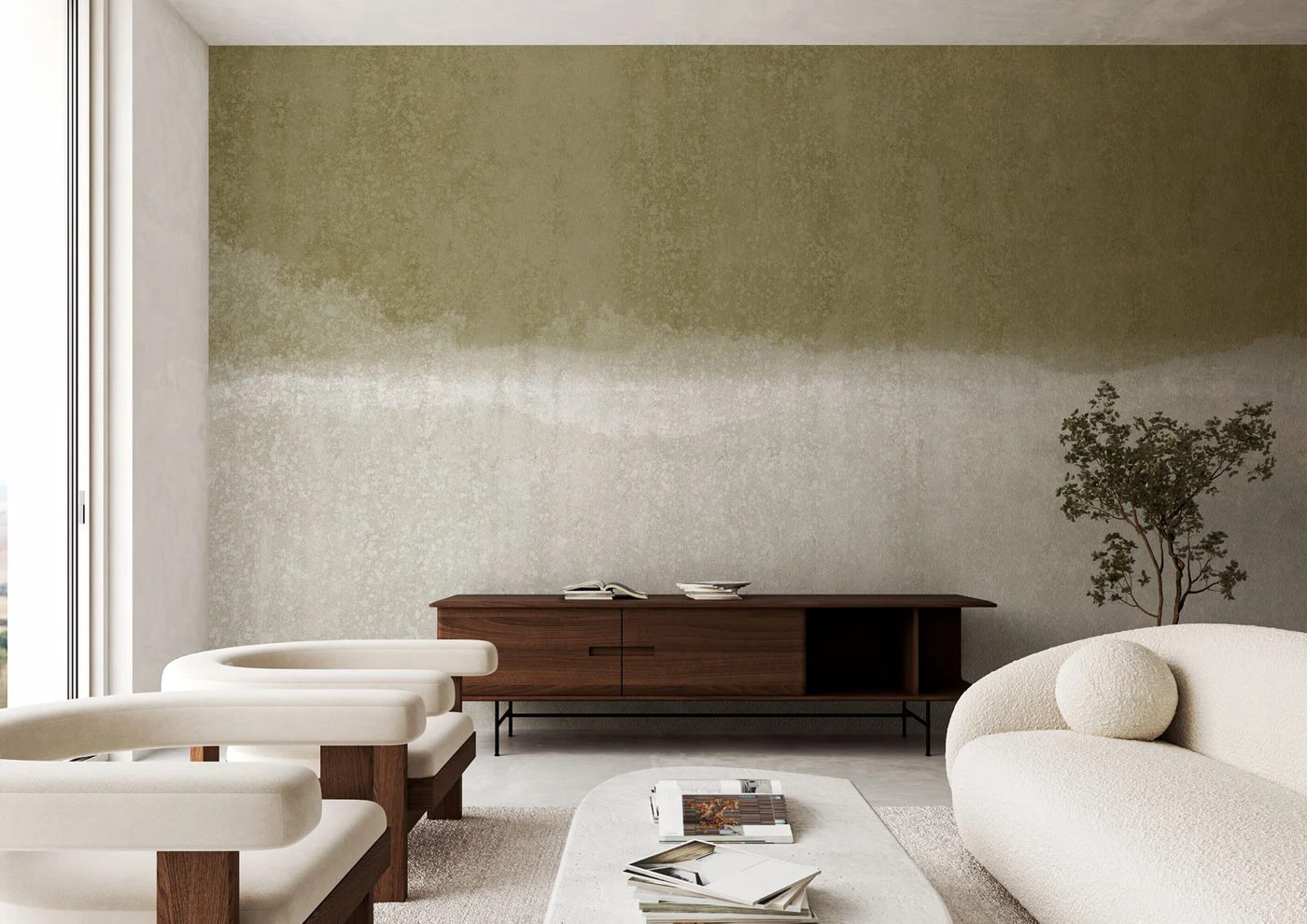 Parete con affresco Affreschi & Affreschi nei toni dal verde oliva al bianco, madia in legno e sedute bianche