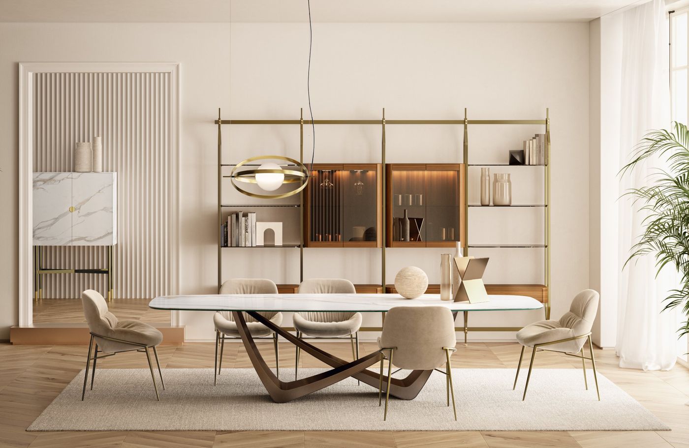 Sala da pranzo Bontempi con tavolo in marmo dalla base scultorea, sedie imbottite color sabbia e libreria in metallo dorato