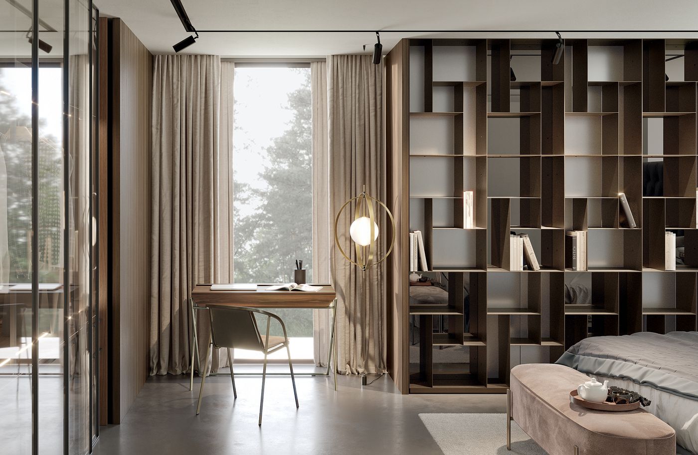Studio Bontempi con scrittoio in legno, lampada ad anelli dorati e libreria a giorno in metallo