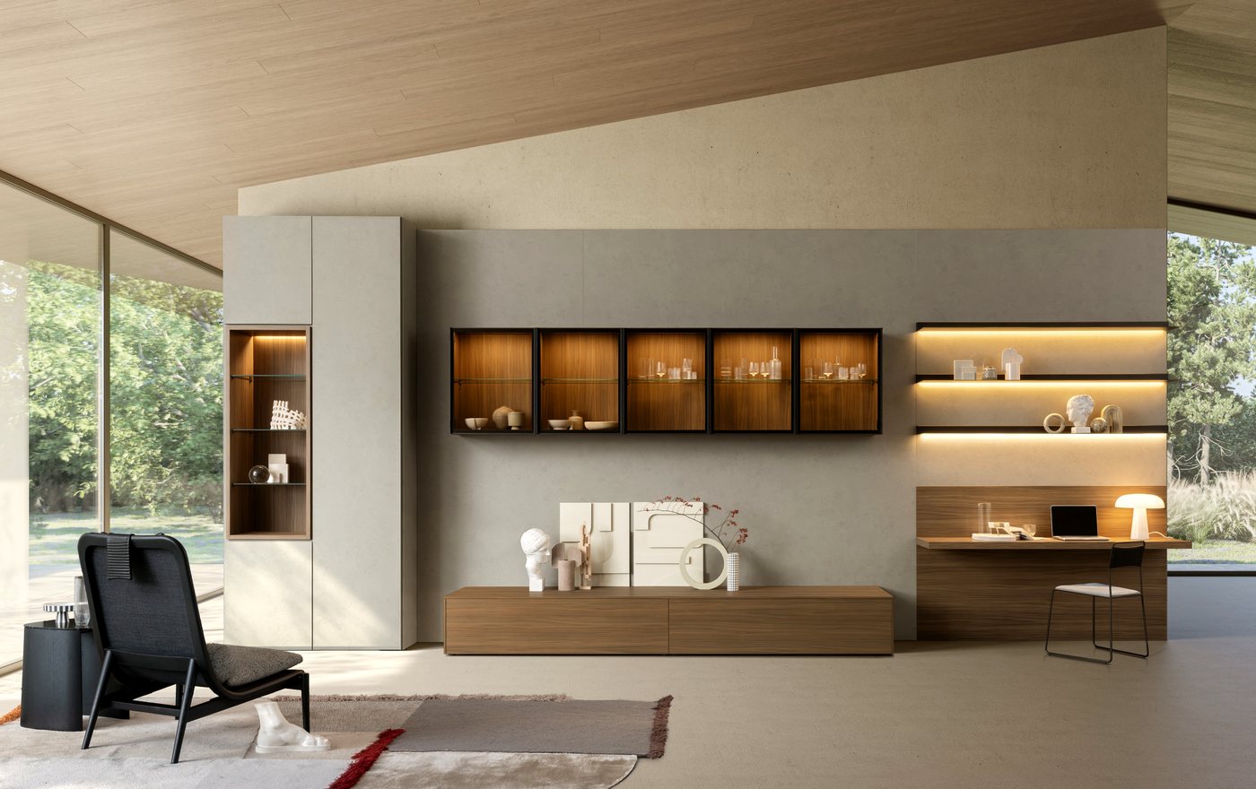 Parete giorno Zalf con vetrine illuminate, mobile basso in legno e scrittoio integrato